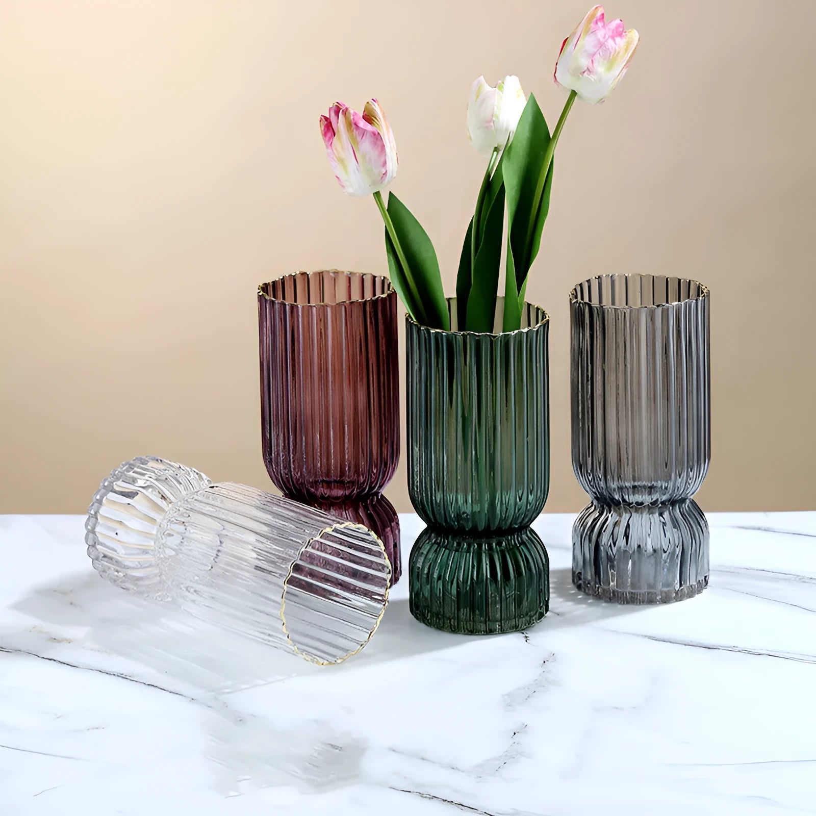 Handmade glass vase with electroplated finish and gold rim in chrysanthemum colour, two sizes available