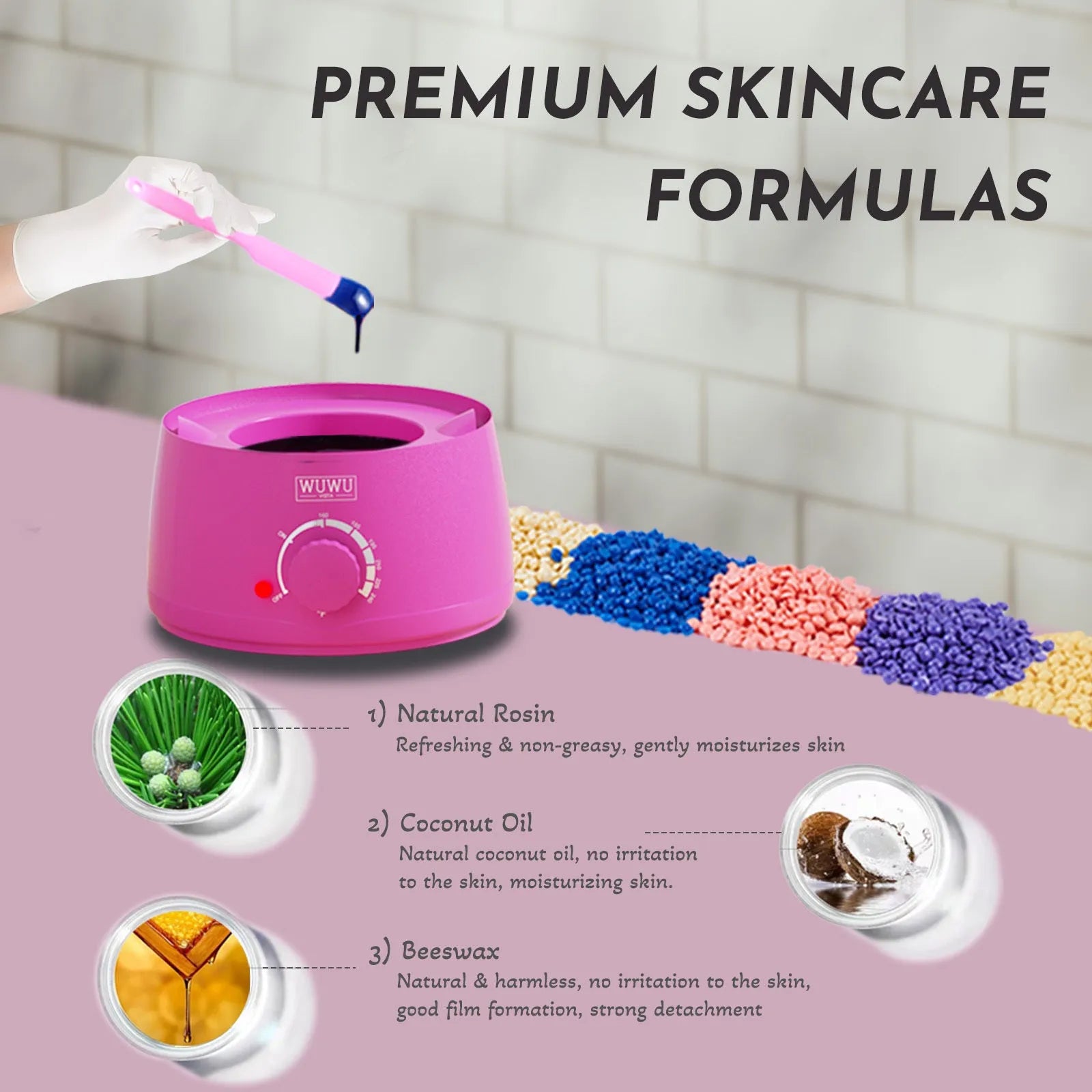 Professional waxing kit with hard wax beans, warmer, lotion, ice masks and applicators for face, body and nose.