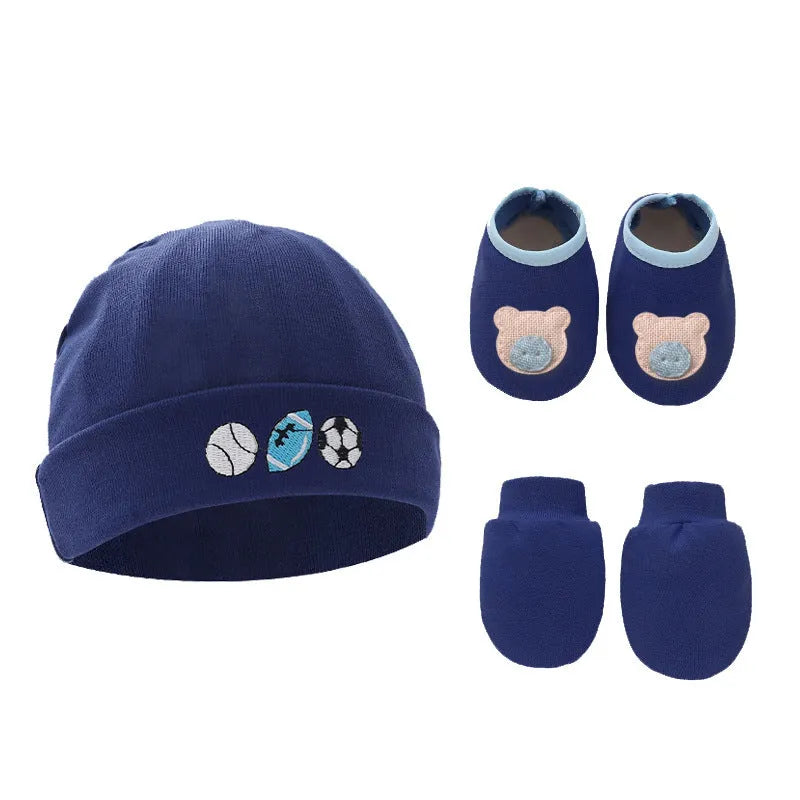 Baby cotton gloves and foot cover set with a pullover cap in multiple colour options