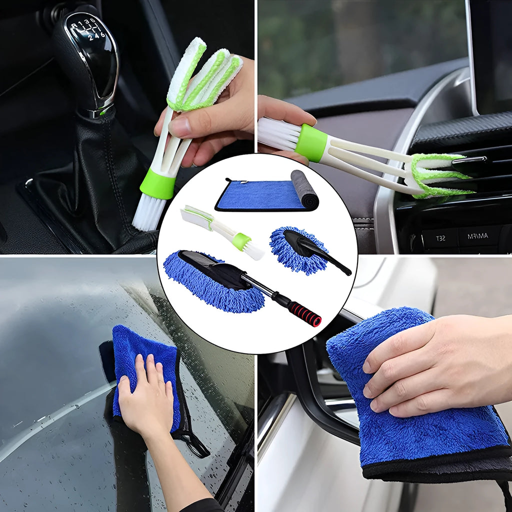 Car dust collector with retractable handle and 5-piece microfiber brush set for car and home cleaning