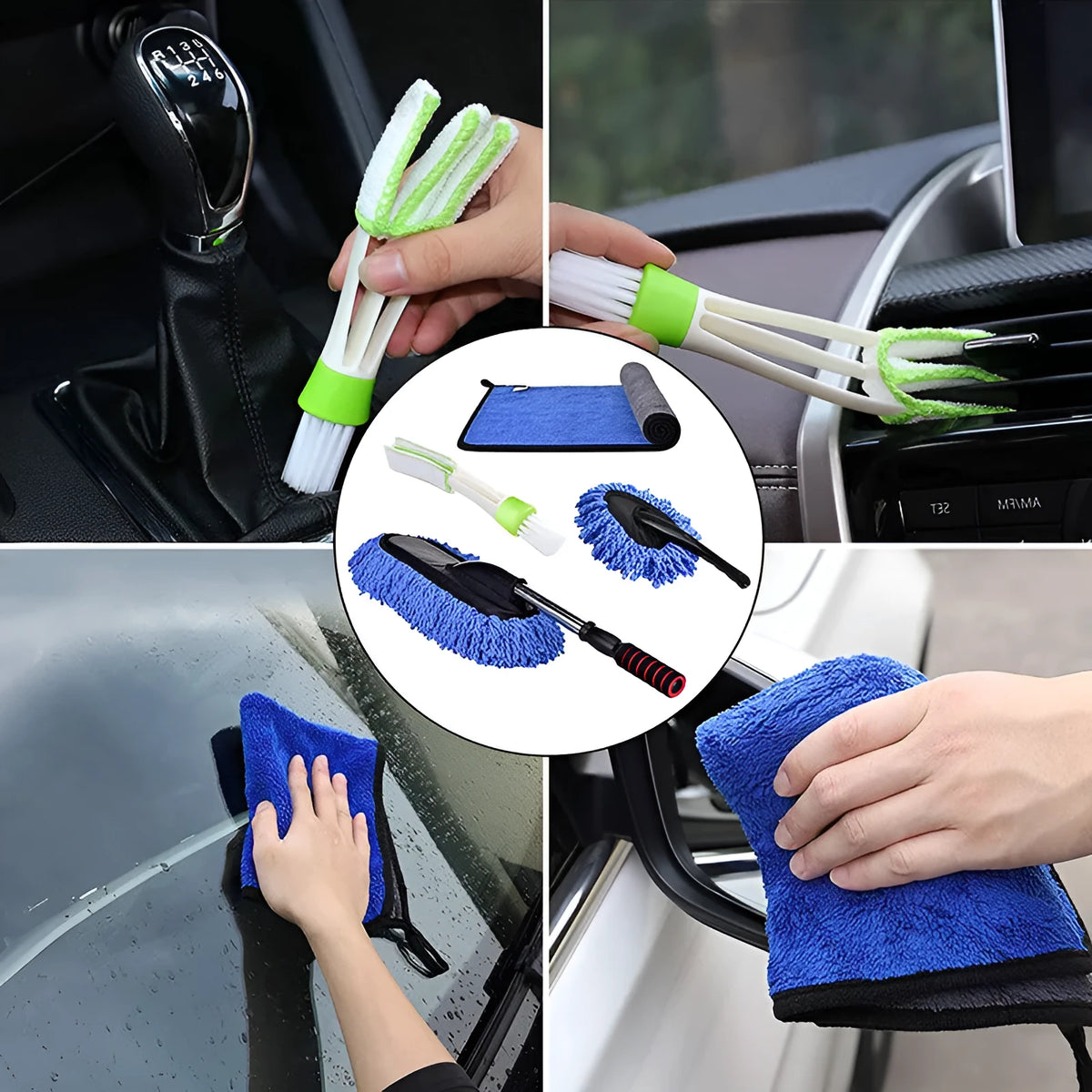 Car dust collector with retractable handle and 5-piece microfiber brush set for car and home cleaning