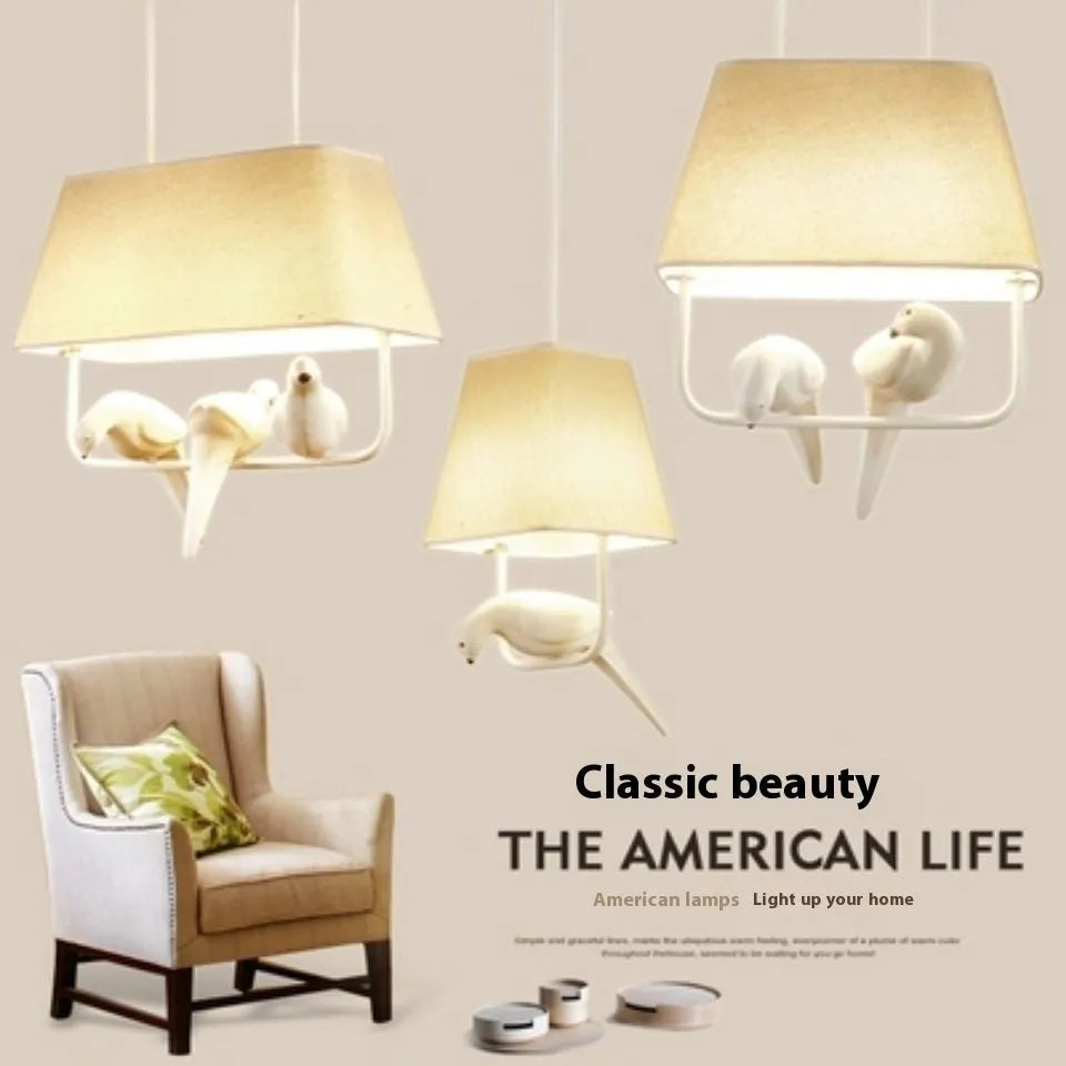 Bird theme chandelier ceiling lamp with fabric shade and iron frame