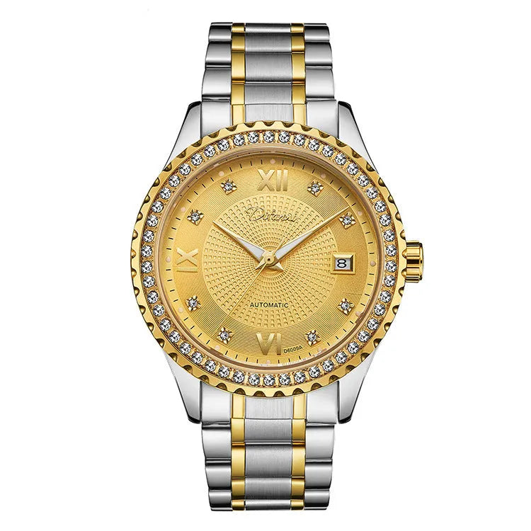 Fashionmonger gold and silver automatic mechanical watch for men with luminous hands on a black or white dial.