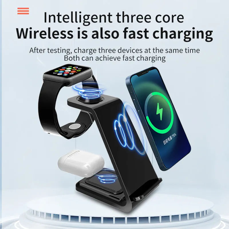 Black and white 3-in-1 upright wireless phone charger stand on a desk.