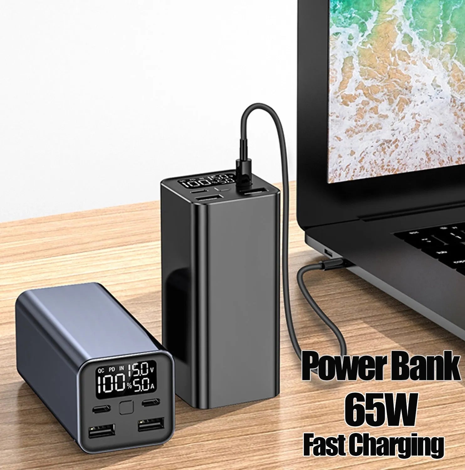 A black metal 65W laptop power bank with 20000mAh capacity, showing size compared to a hand.