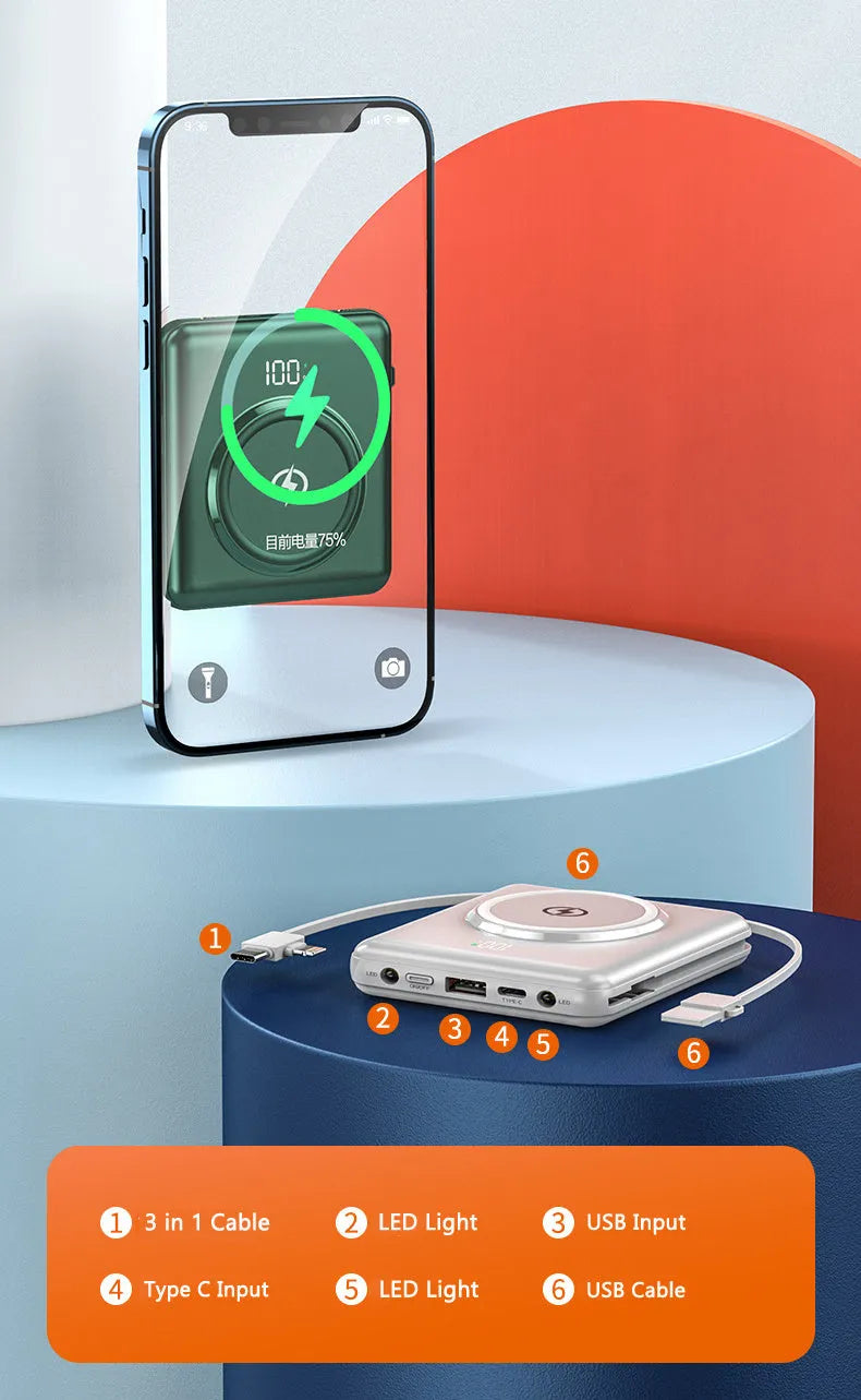 20000mAh portable power bank with LCD display showing black, green, and red colour options