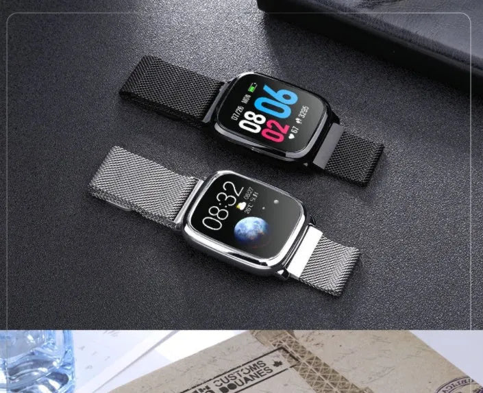 Smart pedometer watch with temperature measurement on wrist, showing 1.3 inch screen and black or silver colour options