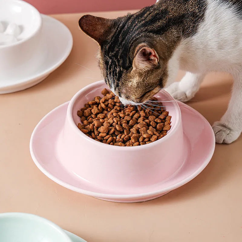 Green ceramic slow feeder pet bowl with central anti-choking basin on a white background.