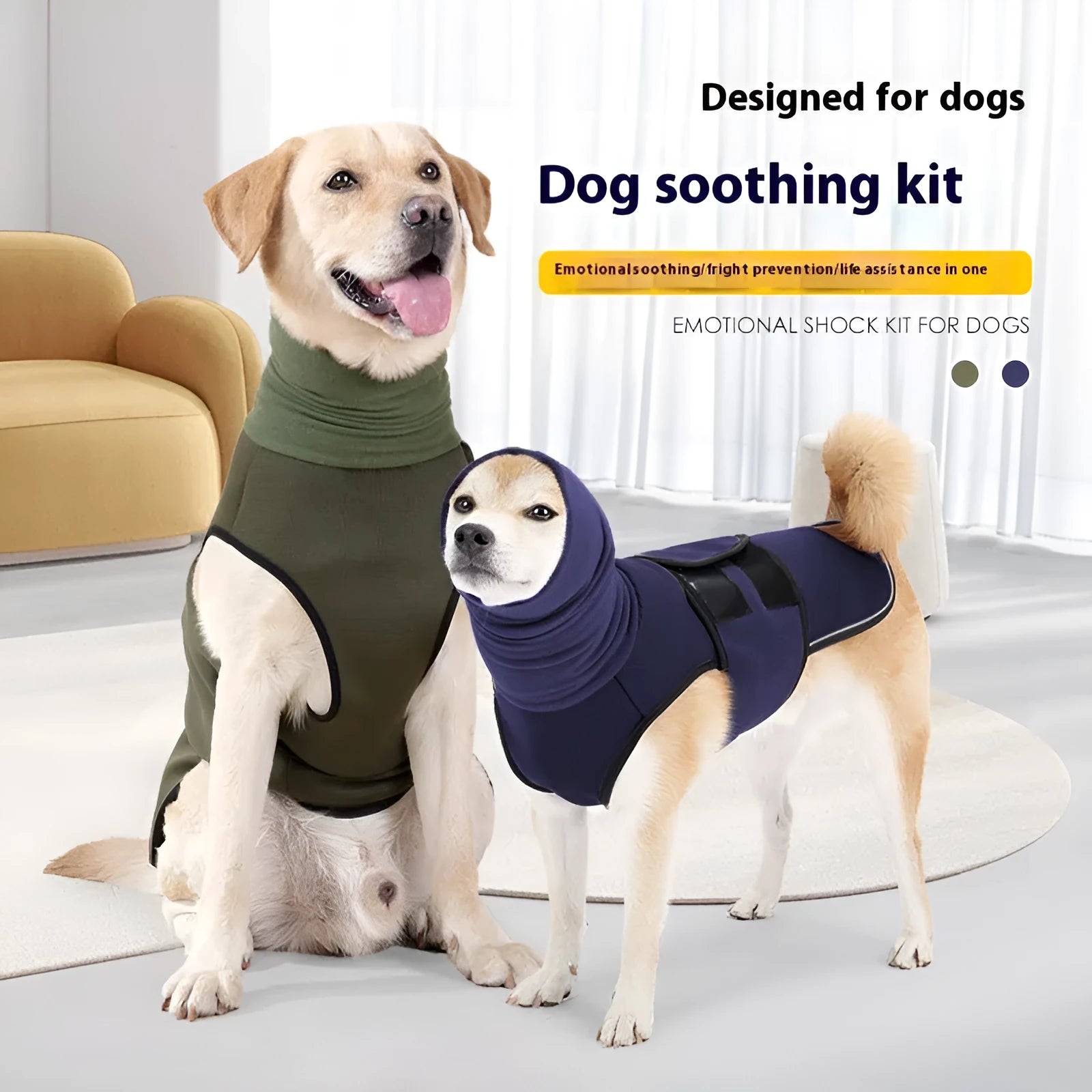 Dog wearing army green anti-anxiety jacket with calming vest design