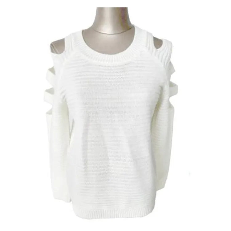 Women's grey crocheted hollow-out long sleeve knit shirt with round neckline on a mannequin