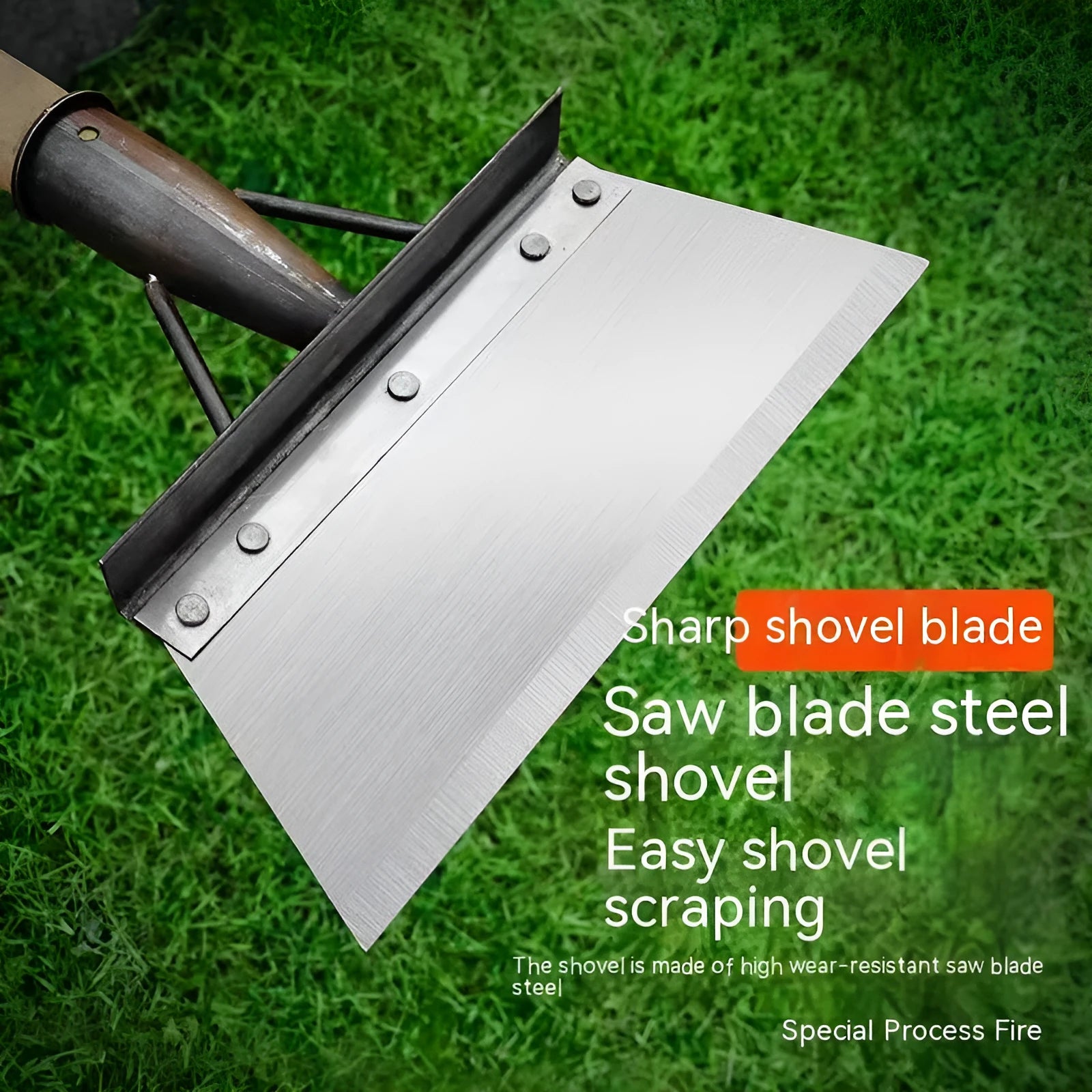 Manganese steel cleaning shovel with thickened head shown in available sizes for garden and household use.