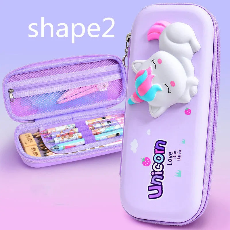 Hard EVA 3D decompression pencil case in square shape with cartoon dinosaur design.