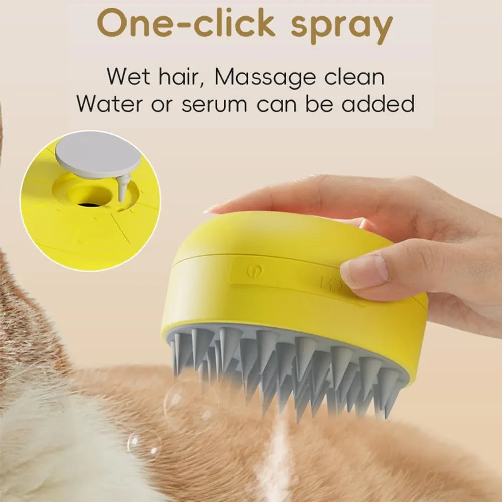 Green rechargeable steam brush for grooming cats and dogs on a white background.