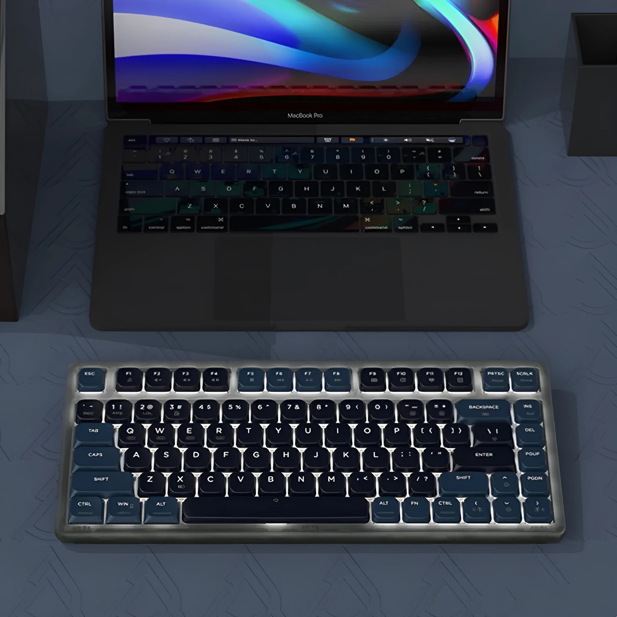 AJAZZ AK832PRO three-mode mechanical keyboard with colour screen and RGB lighting on desk