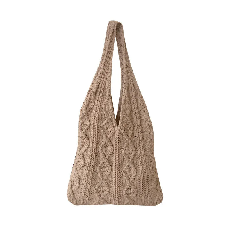 Large retro hollow knitted women's shoulder tote bag in a solid colour with double straps.