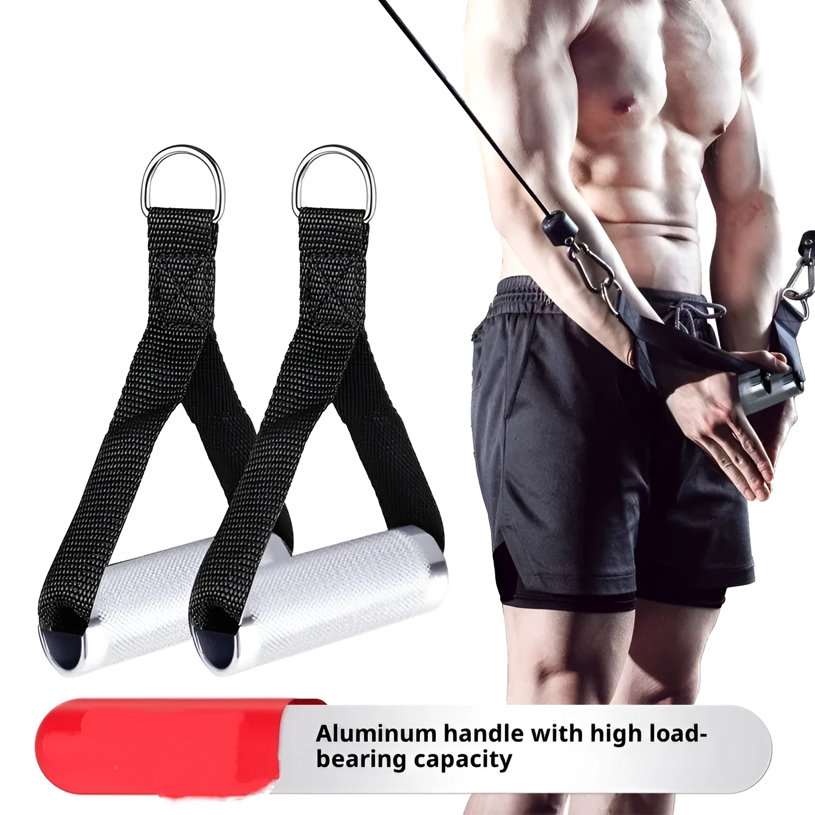 Pair of black aluminium and polyester gantry handles for fitness equipment accessories