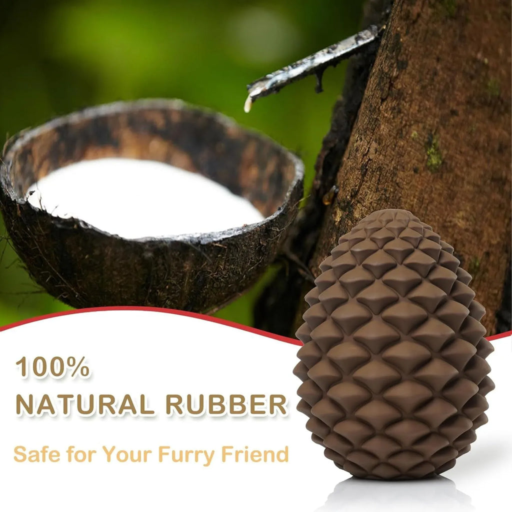 Yellow pine cone shaped natural rubber dog toy with treat dispenser for large dogs.