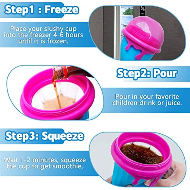 Blue 500ml silicone slushy maker cup with squeeze design for homemade smoothies