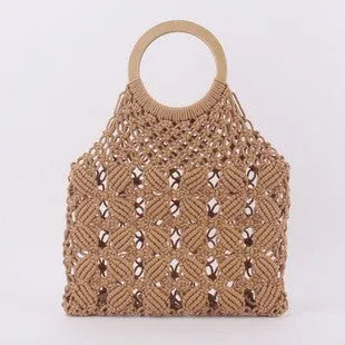 Handmade straw bag women woven wicker handbag Mori style solid colour with cotton lining and hard handle