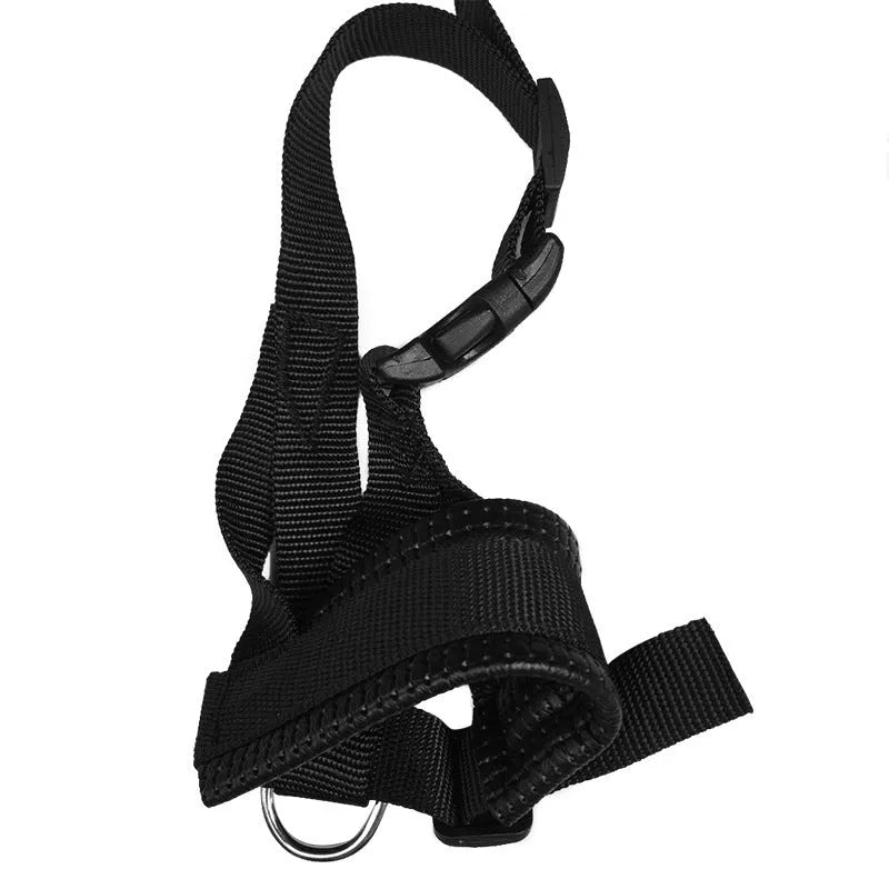 Nylon dog mouth cover with leather trim in black, showing adjustable buckle and breathable holes