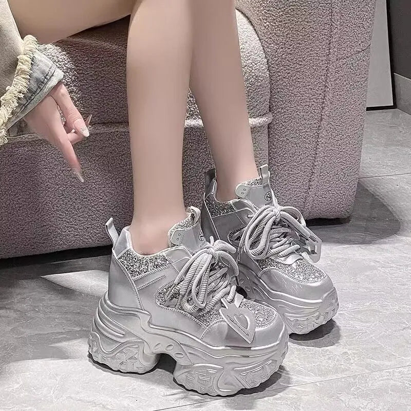 White thick-soled height-increasing sneakers with synthetic leather upper, sequin trim, and rubber sole for daily wear