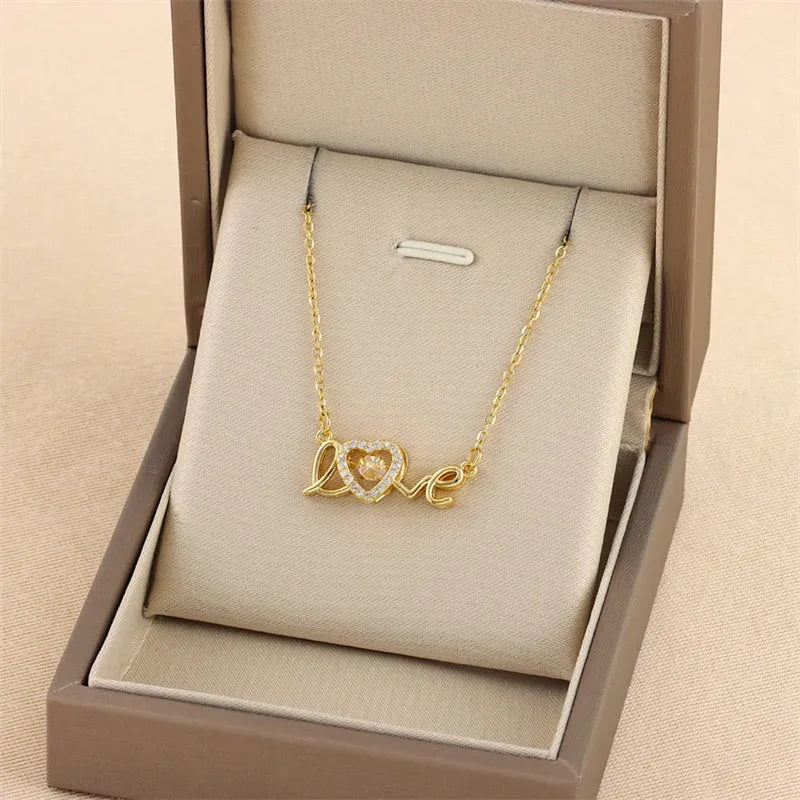 Gold titanium steel clavicle chain necklace with love pendant for women
