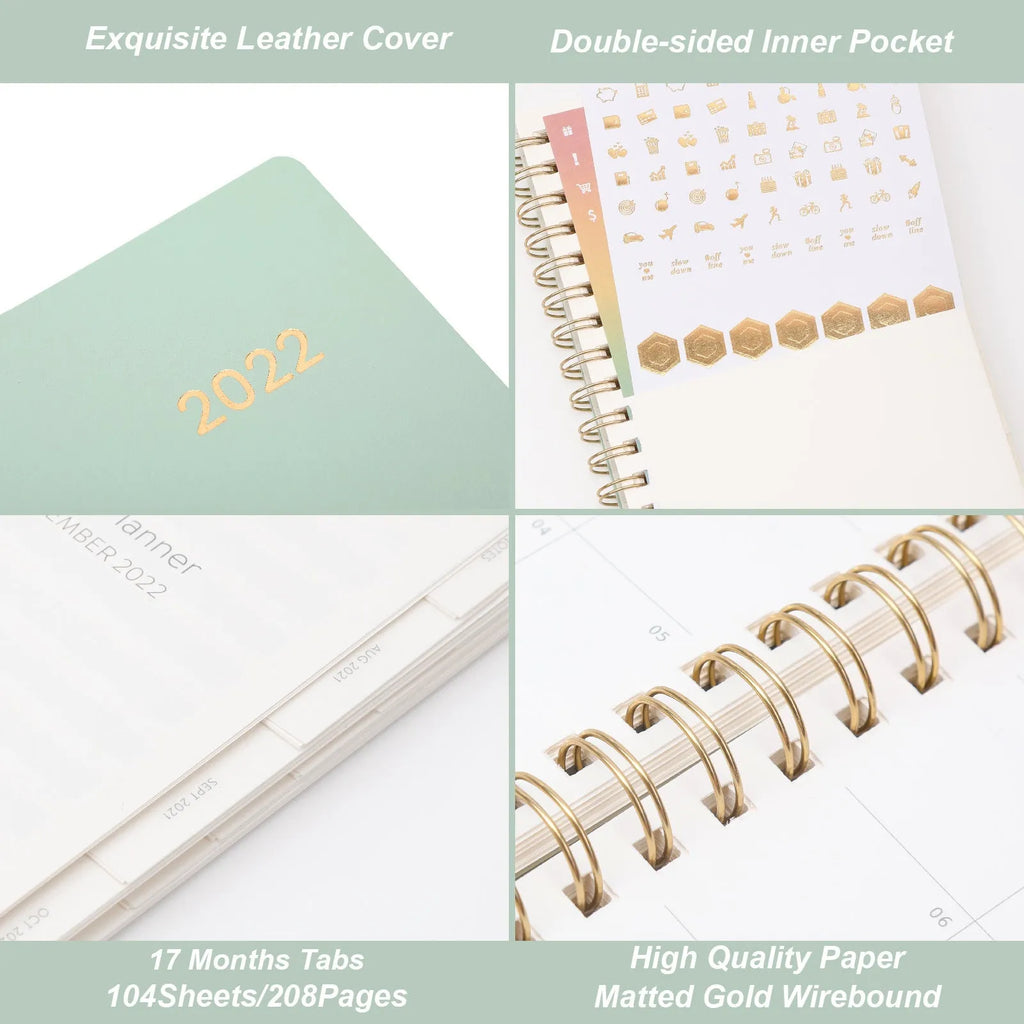 Blue and green 2022 student week planner notebook with PU leather cover showing 148 pages and storage pockets