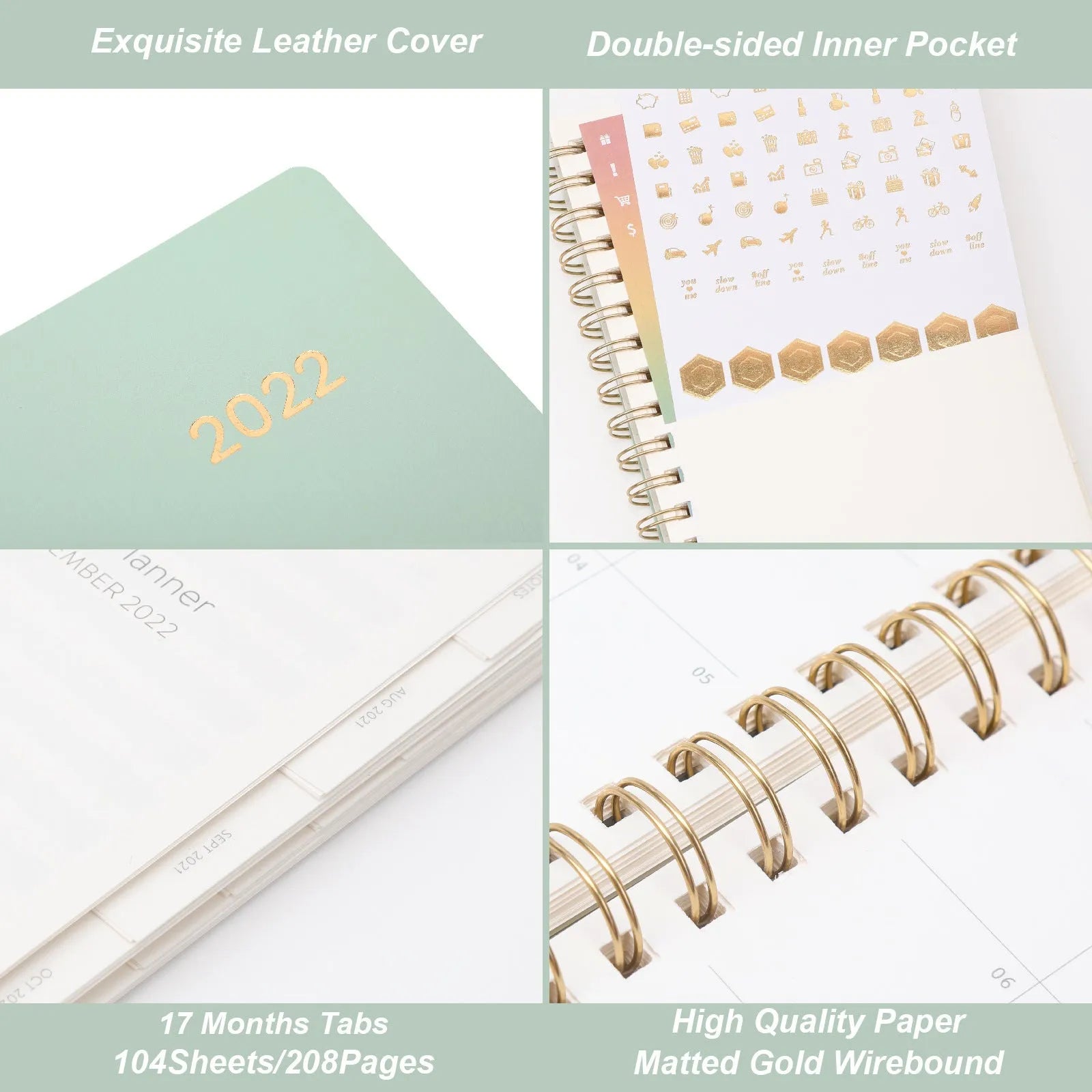 Blue and green 2022 student week planner notebook with PU leather cover showing 148 pages and storage pockets