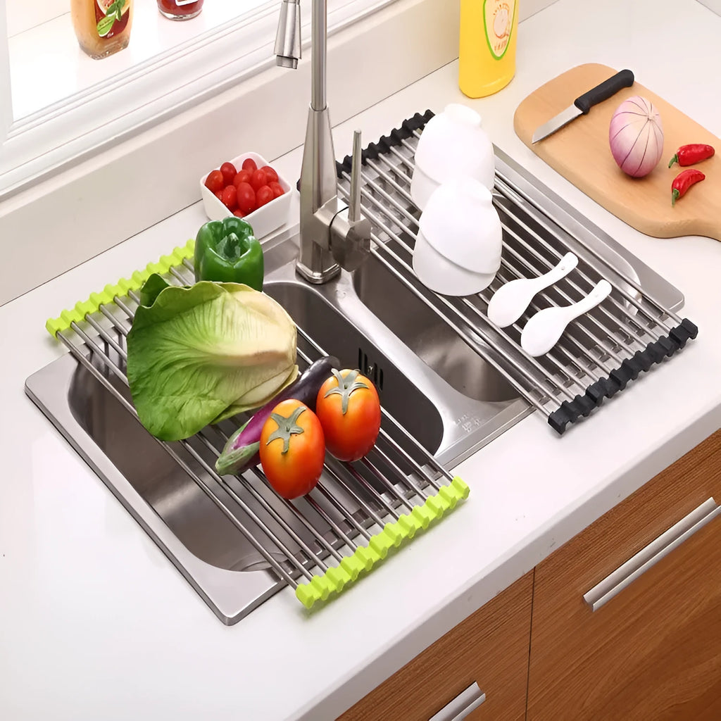 Folding stainless steel kitchen drain sink rack with collapsible design for dish organisation