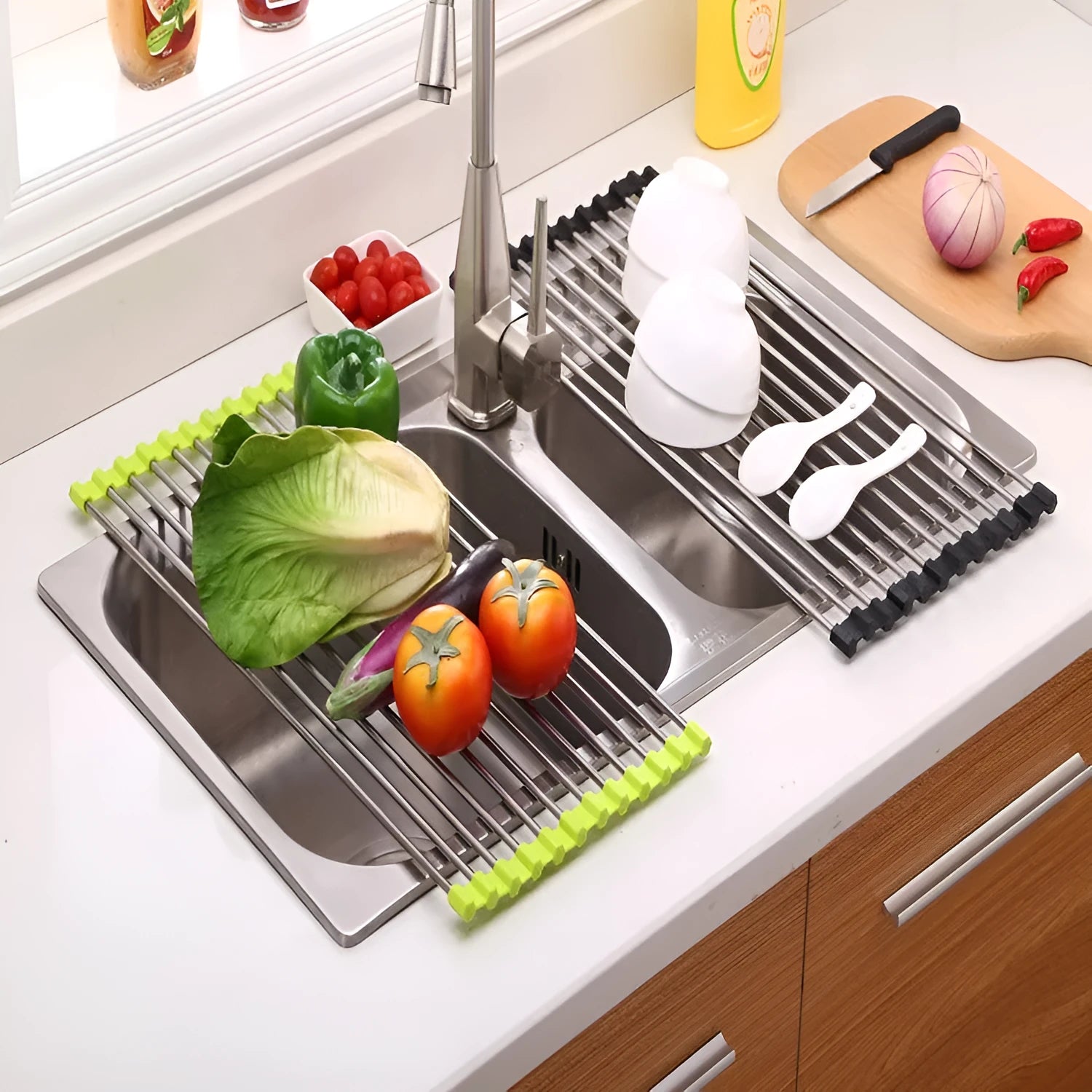 Folding stainless steel kitchen drain sink rack with collapsible design for dish organisation