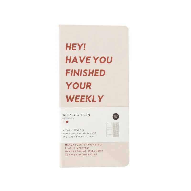 Weekly diary handbook open on a weekly planner page, showing blue cover option.