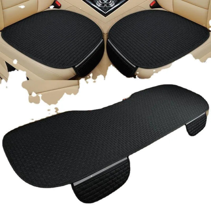 Linen car seat cushion set with hemmed edge in coffee, black and red, or cream colours for four-season protection
