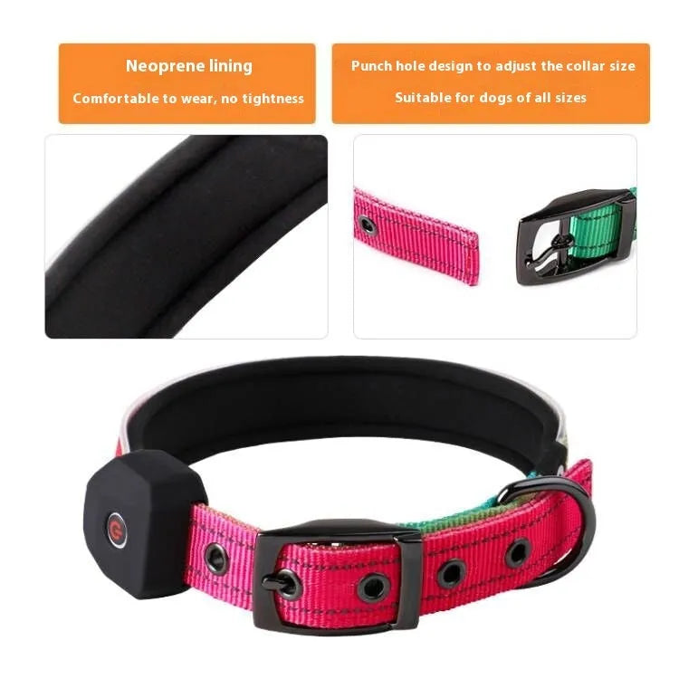 Blue and green plaid LED luminous dog collar with USB charging and reflective strip