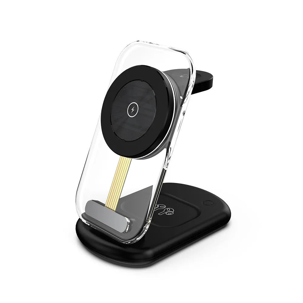 Transparent folding magnetic three-in-one wireless charger in black on a table
