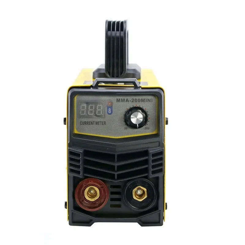 MMA-200MIN 220V DC inverter welding machine with face shield, tongs, clamp, and brush.