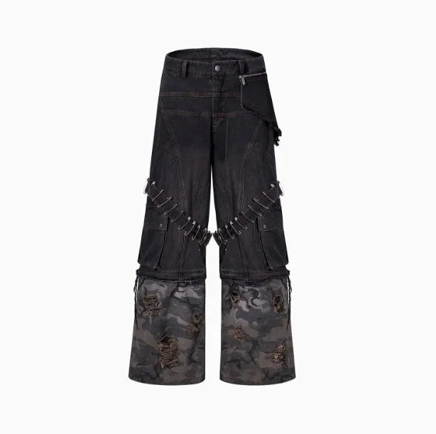 Men's grey camouflage pattern jeans with splicing structure and ribbon detailing