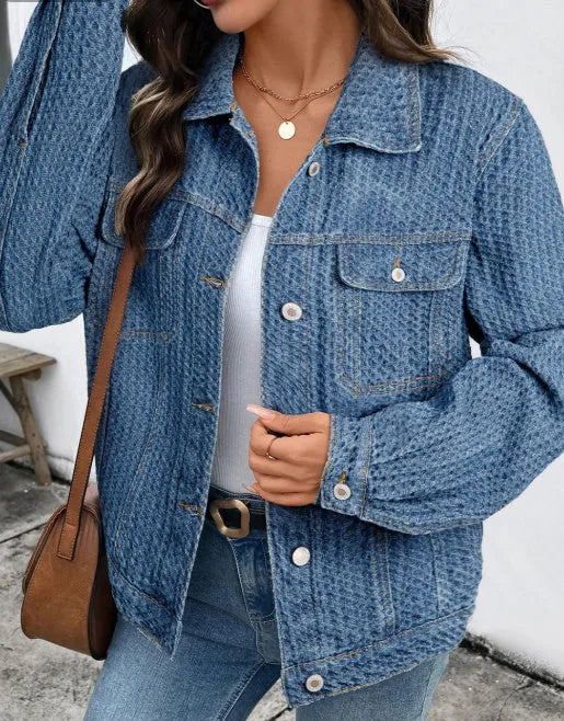 Blue double flap pocket denim textured button down jacket for women front view