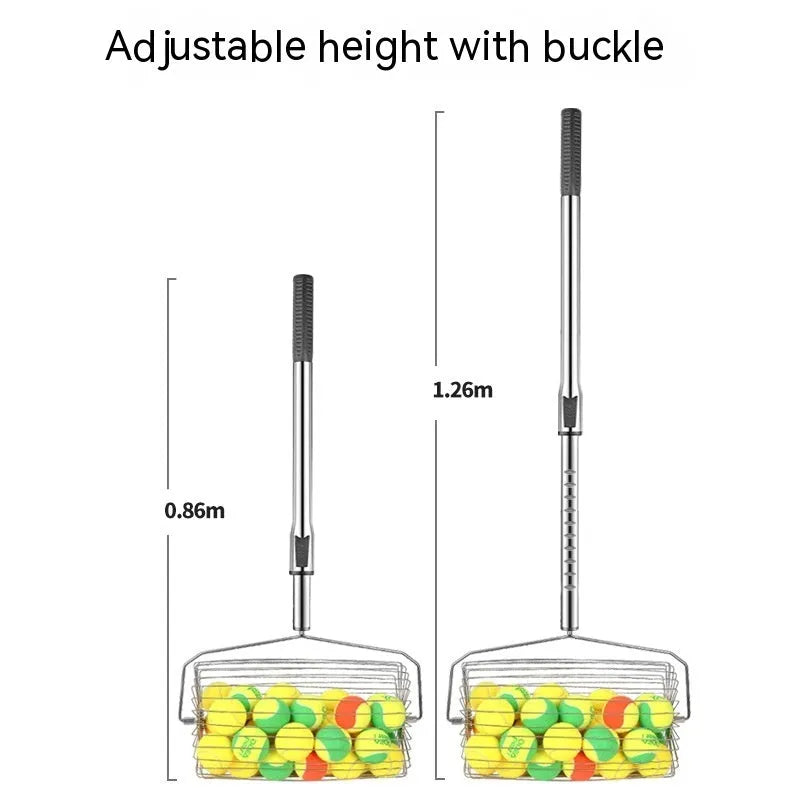 Stainless steel tennis ball roller picker with adjustable head on tennis court
