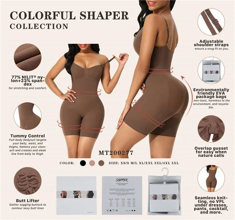 Seamless nylon body-shaping corset jumpsuit in black with belly contracting and chest support