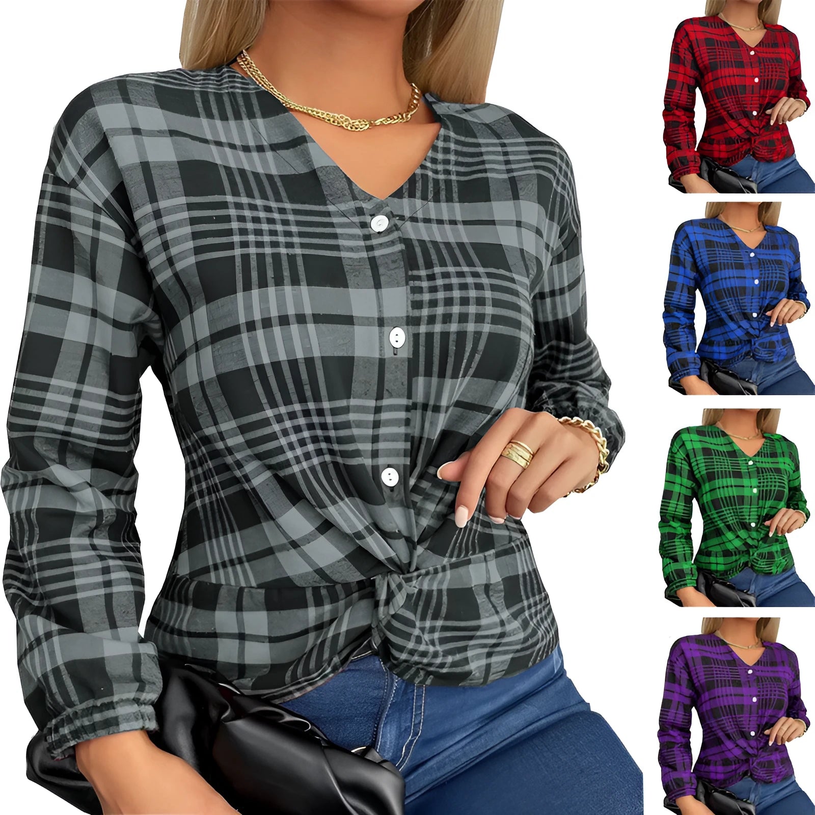 Women's loose plaid casual shirt in polyester fabric showing purple, grey and red colour options