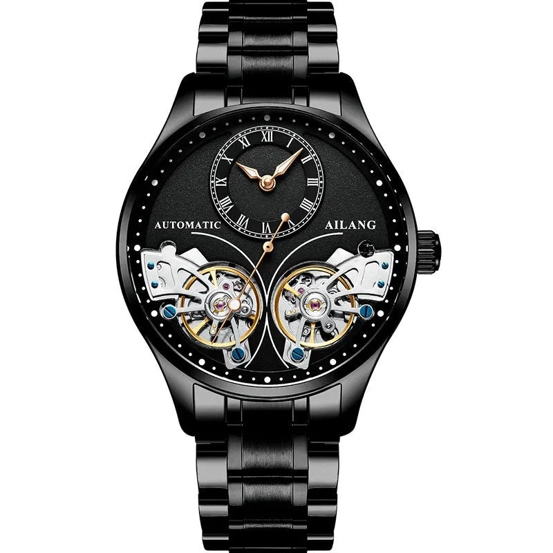 Automatic men's watch with tourbillon and moon phase on a round black dial in a titanium case.