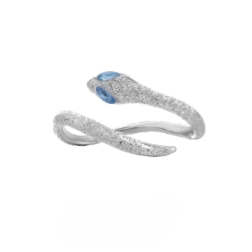 Adjustable silver snake ring with electroplated white gold finish and zodiac design