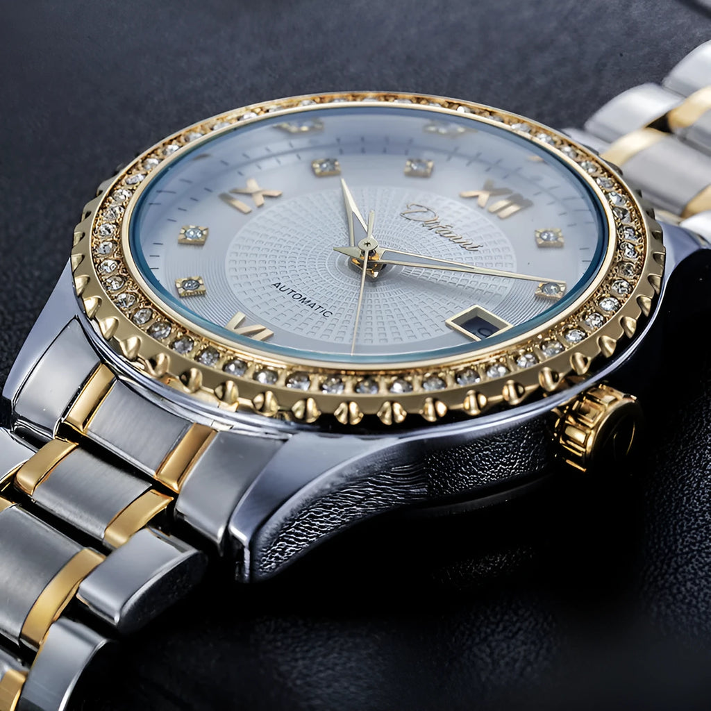 Fashionmonger gold and silver automatic mechanical watch for men with luminous hands on a black or white dial.