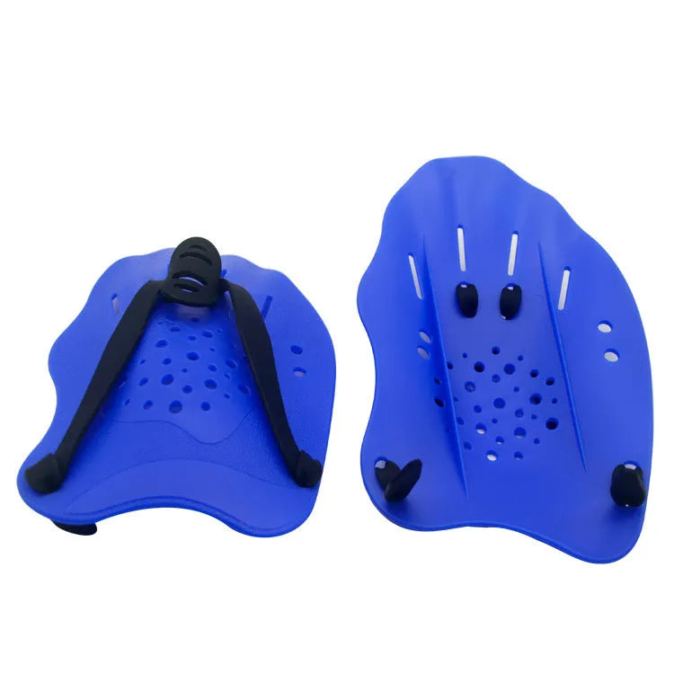A pair of swim training hand paddles for freestyle stroke, shown in one of eight colour options including dark blue with yellow.