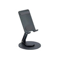 Grey aluminium alloy rotating mobile phone bracket on desk with silica gel grip, 4.8 x 4.2 x 1.4 cm, holding a smartphone in landscape mode