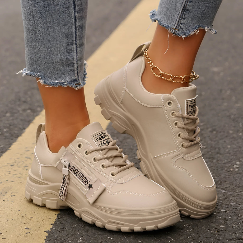 Lace-up sports shoes with side zipper, round-toe, thick sole, artificial PU upper, colour combination, women's casual sneakers