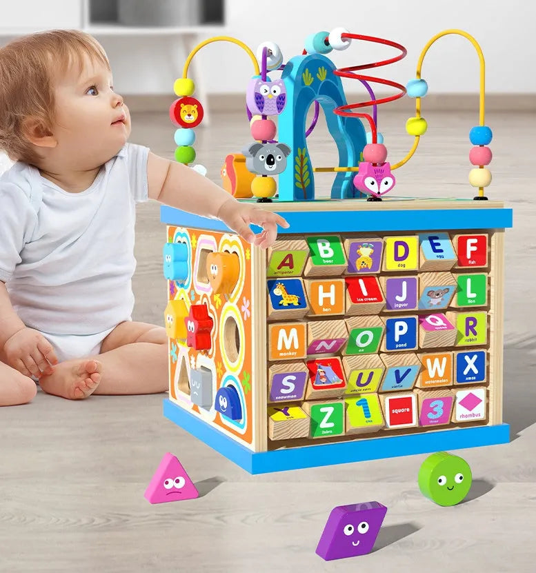 Blue wooden bead treasure box toy with multifunctional scenes for children's development