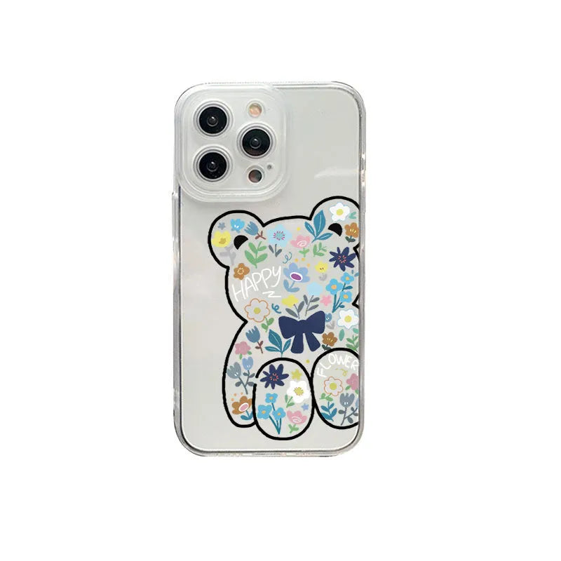 Bear flower TPU phone case for iPhone, back cover with playful bear pattern