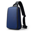 Blue Oxford cloth men's chest bag with double shoulder strap and soft handle.