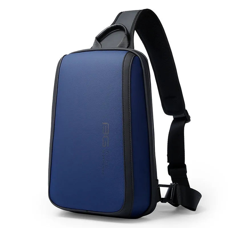 Blue Oxford cloth men's chest bag with double shoulder strap and soft handle.